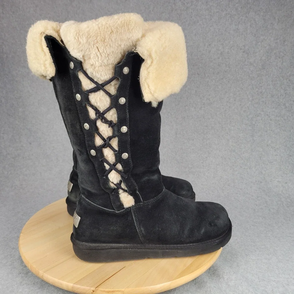 Ugg Upside 5163 Tall Lace Up Boot Women 9 Black Suede Shearling Lining